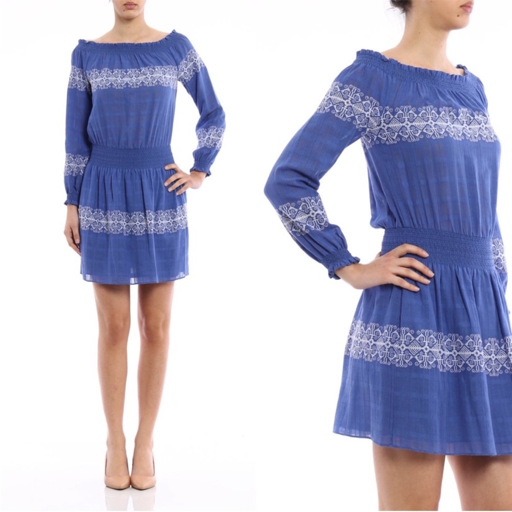 Blue Off-Shoulder Dress with Embroidery by Tory Burch